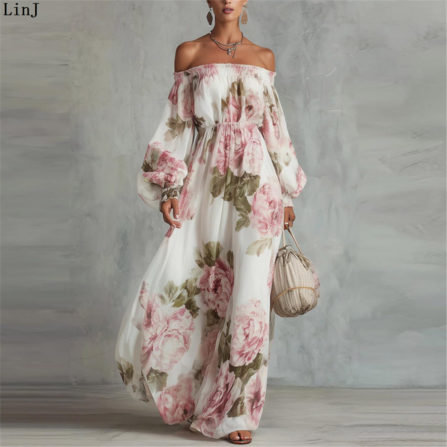 Midi Skirt Floral - LinJ2026 レディース ホリデー ワンショルダー 花柄プリント マキシ丈ワンピース