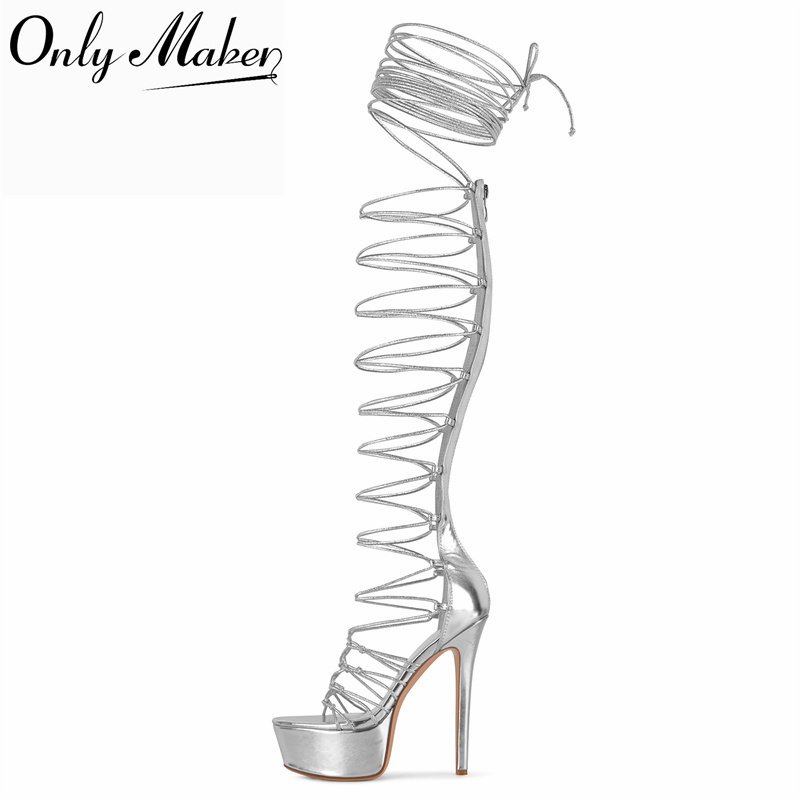 Onlymaker シルバーのオープントゥ、レースアップ、太 - Sandal Strappy Heeled のレビューと価格