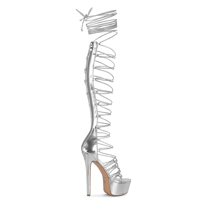 Onlymaker シルバーのオープントゥ、レースアップ、太 - Sandal Strappy Heeled のレビューと価格