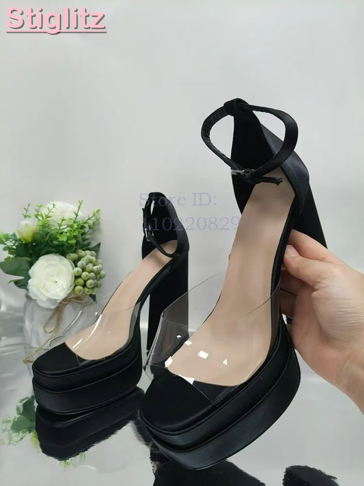 ライトブルーサテンチャンキーヒールサンダル、オープントゥ、ク - Sandal Strappy Heeled のレビューと価格
