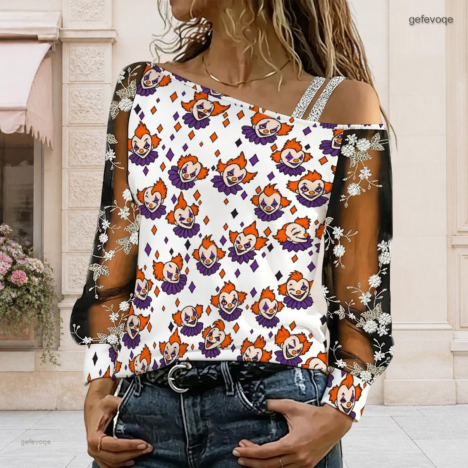 女性用、アシンメトリーなオフショルダーのトップス。漫画風のガ - Blouse Off Shoulder のレビューと価格