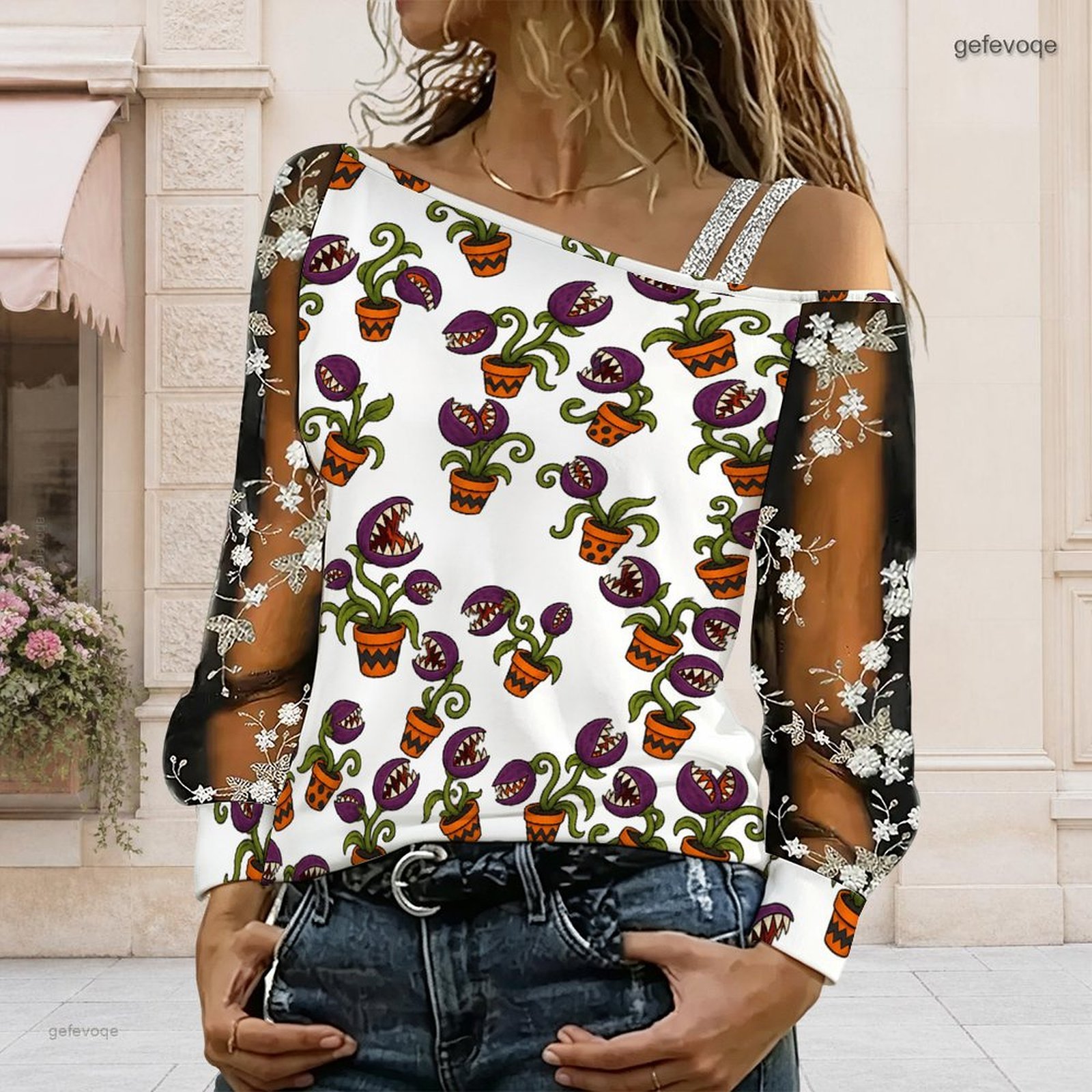 女性用、アシンメトリーなオフショルダーのトップス。漫画風のガ - Blouse Off Shoulder のレビューと価格